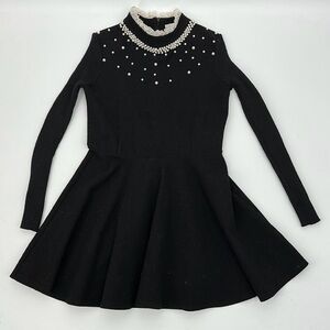 Elegant Agatha Black Wool Dress with Pearl Accents